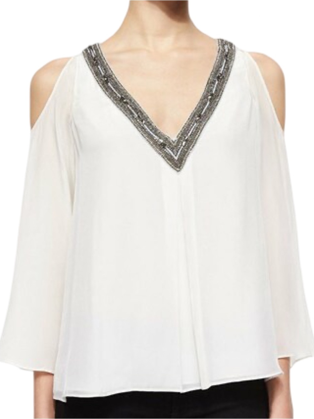 Alice + Olivia Women’s Size M Off White Cold Shoulder V-Neck Embellished Blouse